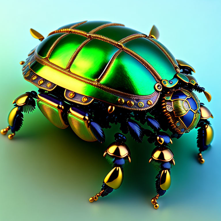 Colorful Metallic Beetle with Green Shell on Teal Background