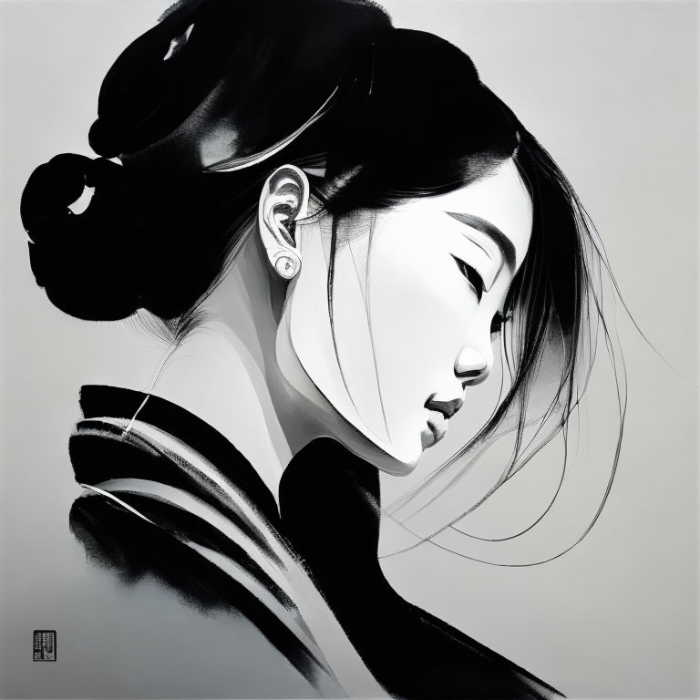 Monochrome digital artwork of elegant woman with updo hairstyle