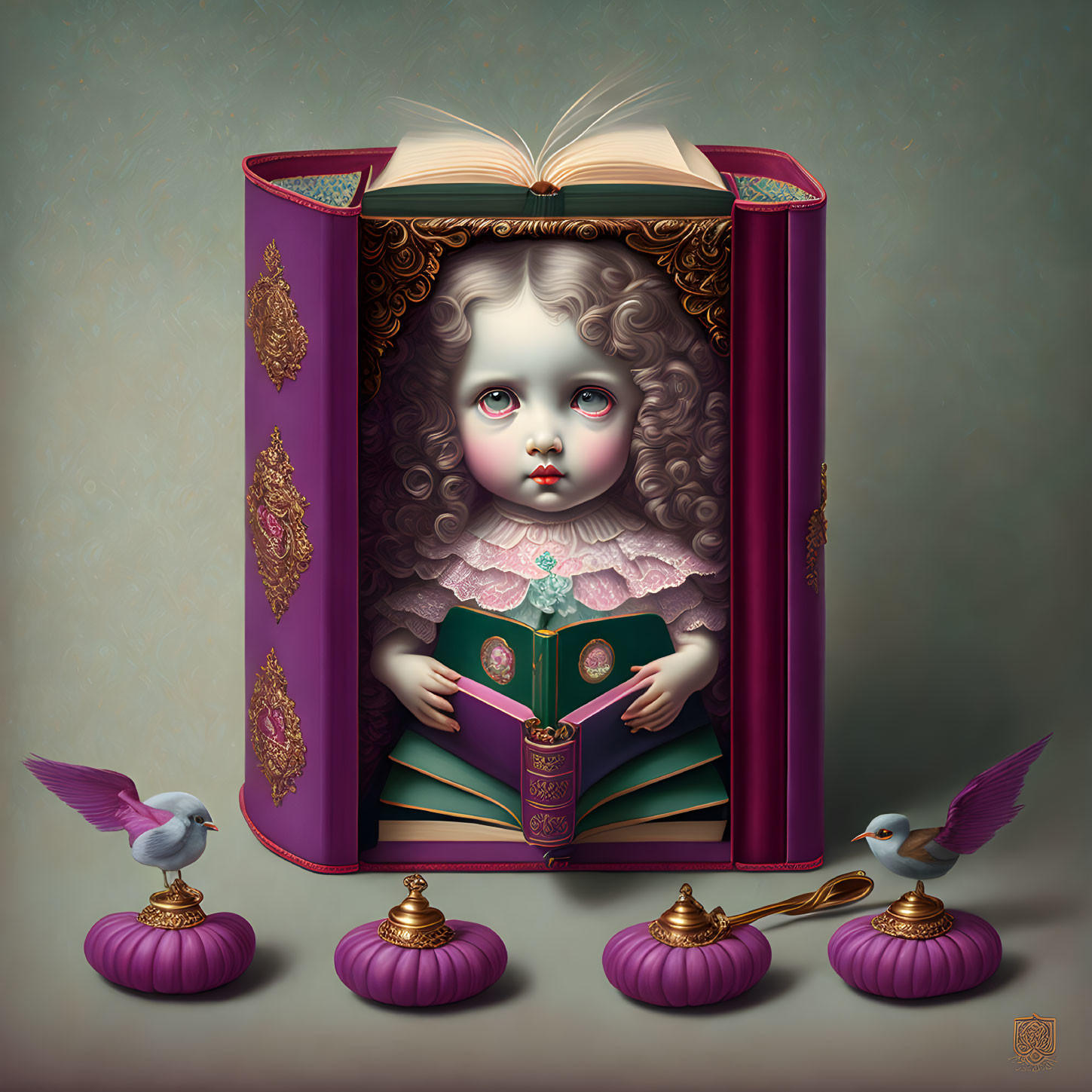 Child's Face Emerging from Open Book Surrounded by Birds on Purple Pedestals