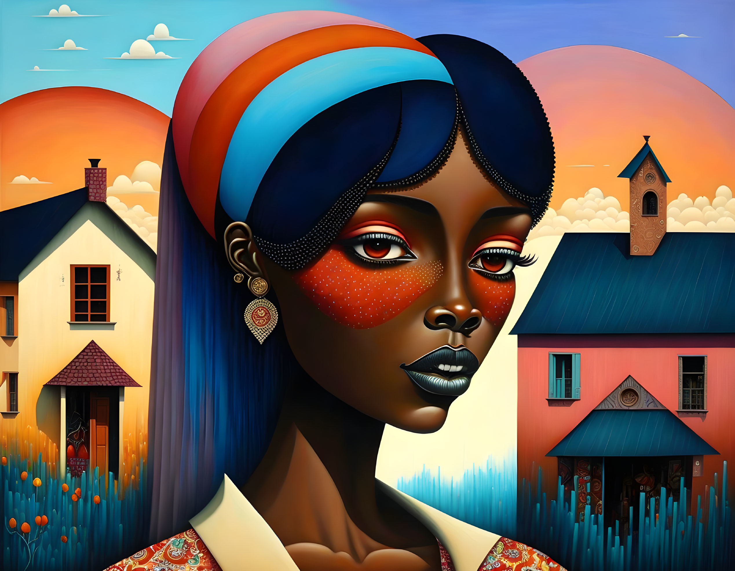 Colorful portrait of woman with headscarf in surreal rural setting