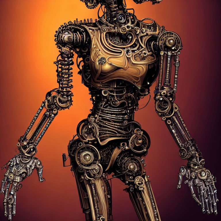 Detailed Steampunk-Style Robot with Gears on Orange Background