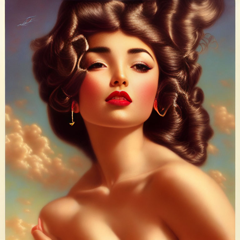 Portrait of Woman with Curly Hair, Red Lips, and Gold Earrings on Cloudy Sky