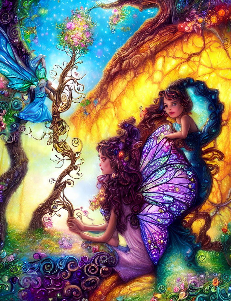 Colorful fantasy illustration of fairies in enchanted forest