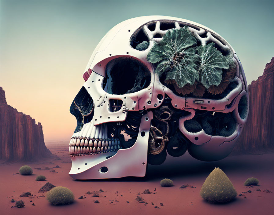 Surreal image of mechanical skull with gears and green plants in desert canyon