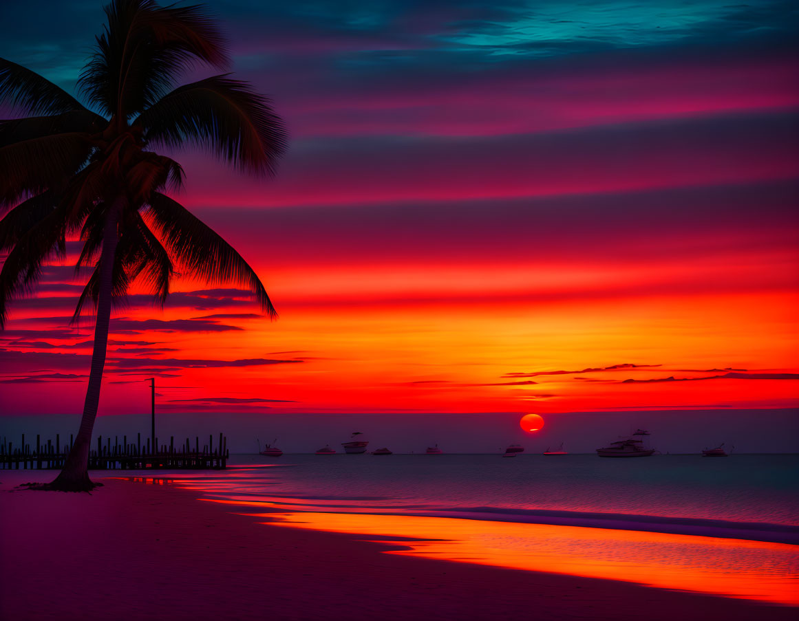 Tranquil beach sunset with palm tree silhouette, reflections, and colorful sky