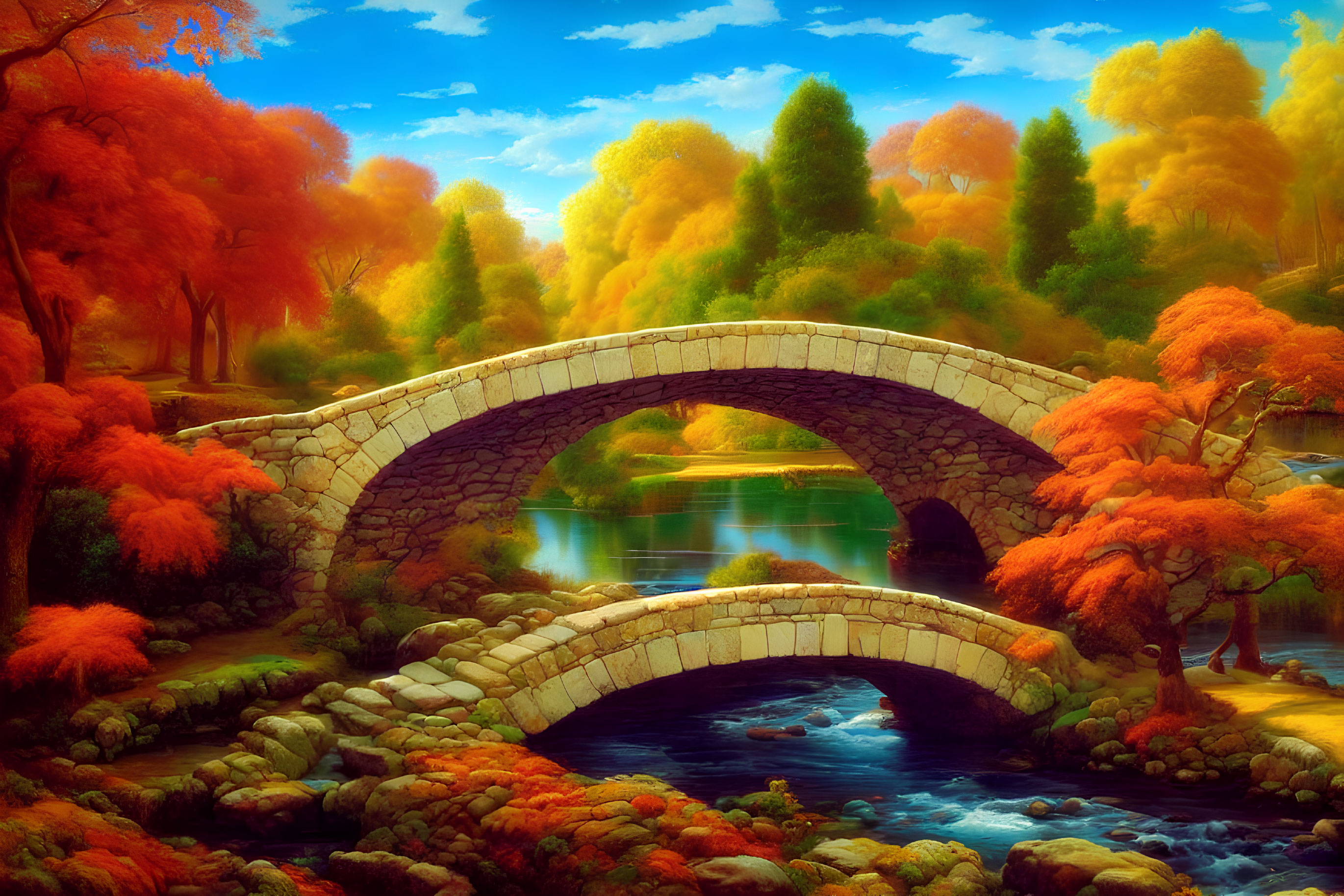 Tranquil stream with stone bridge and autumn trees