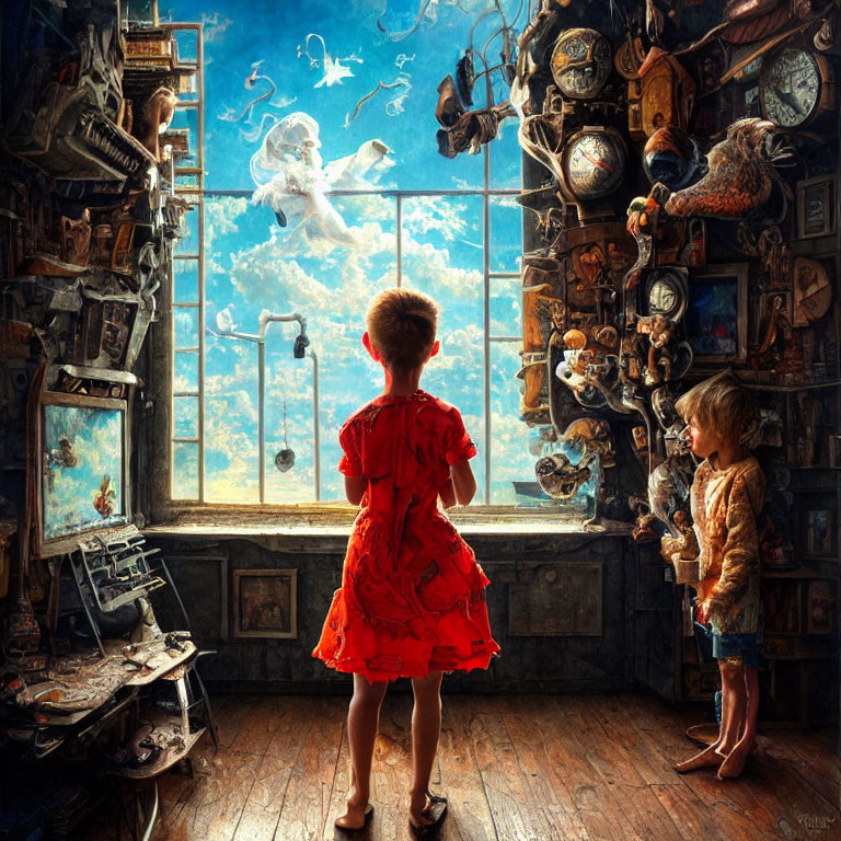 Children in red dress and boy by window see underwater magical scene