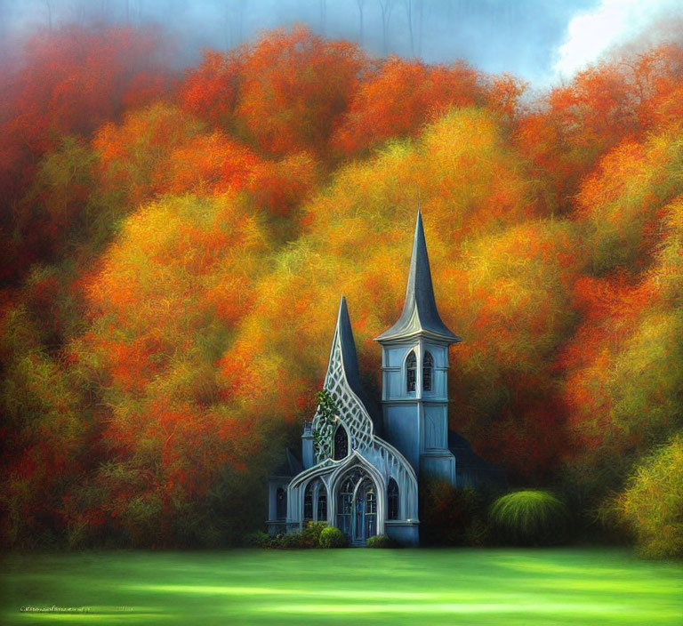 Autumnal scene: quaint church with tall spires amid misty, vibrant trees