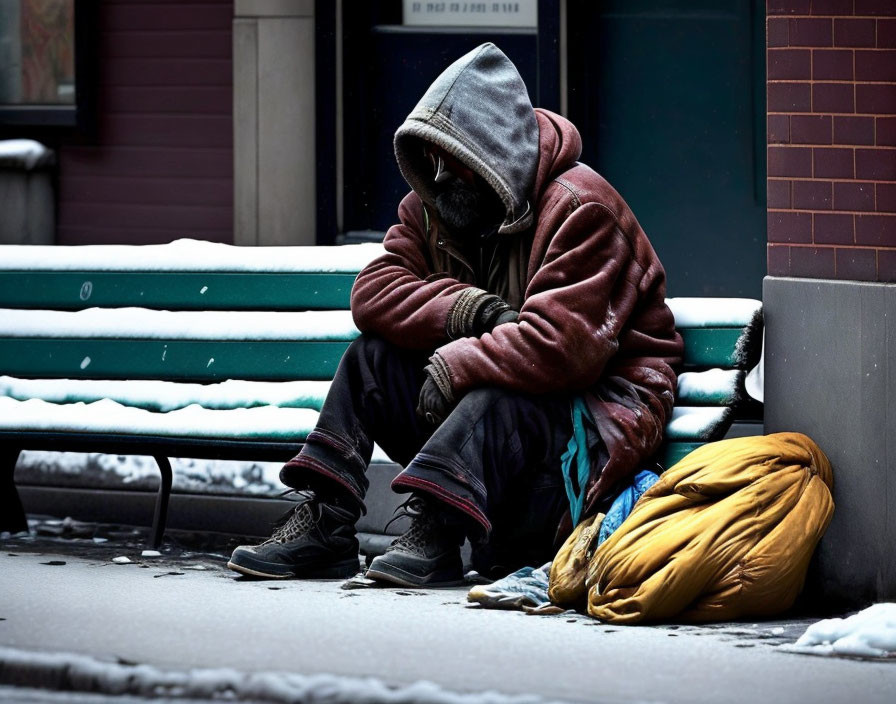 Person sitting on snow-covered bench with head down beside yellow sleeping bag