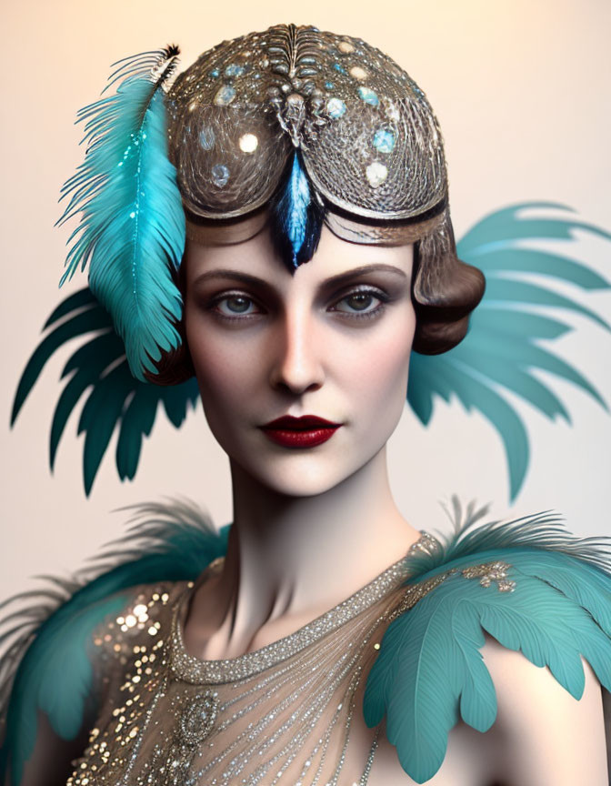 1920s Style Woman Portrait with Beaded Cap and Feather Details