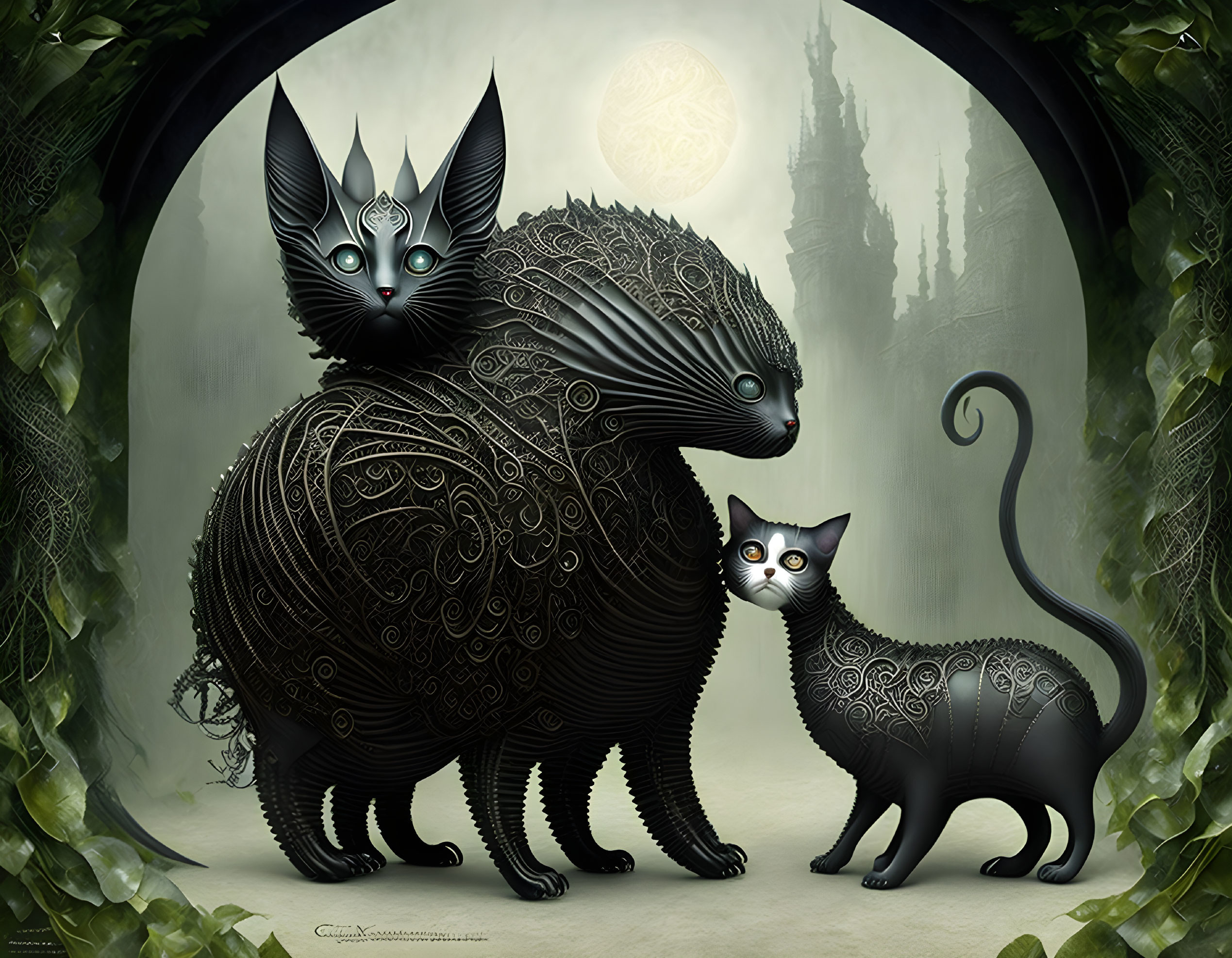 Ornate Fantasy-Style Cats Before Arched Gateway to Moonlit Castle