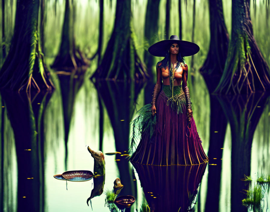 Woman in elegant dark gown and hat in mystical swamp with fireflies