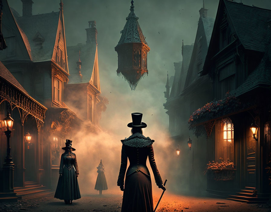 Victorian-era street scene with two women in period clothing at dusk