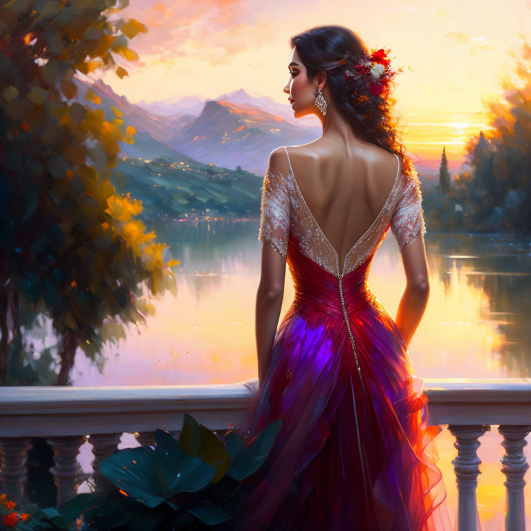 Woman in Red Dress with Lace Detailing by Balcony Overlooking Lake and Mountains at Sunset