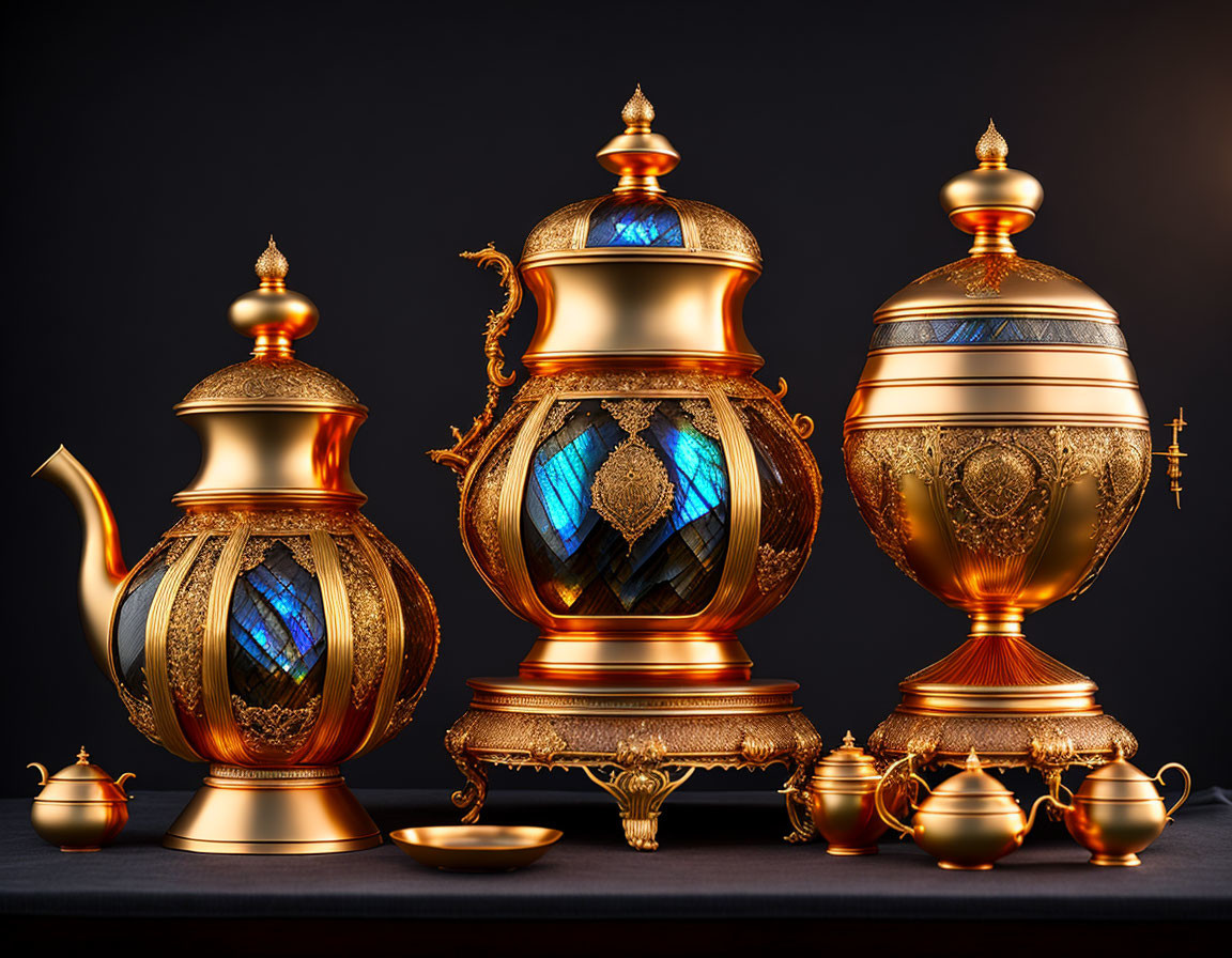 Elegant Golden Tea Set with Intricate Designs on Dark Background