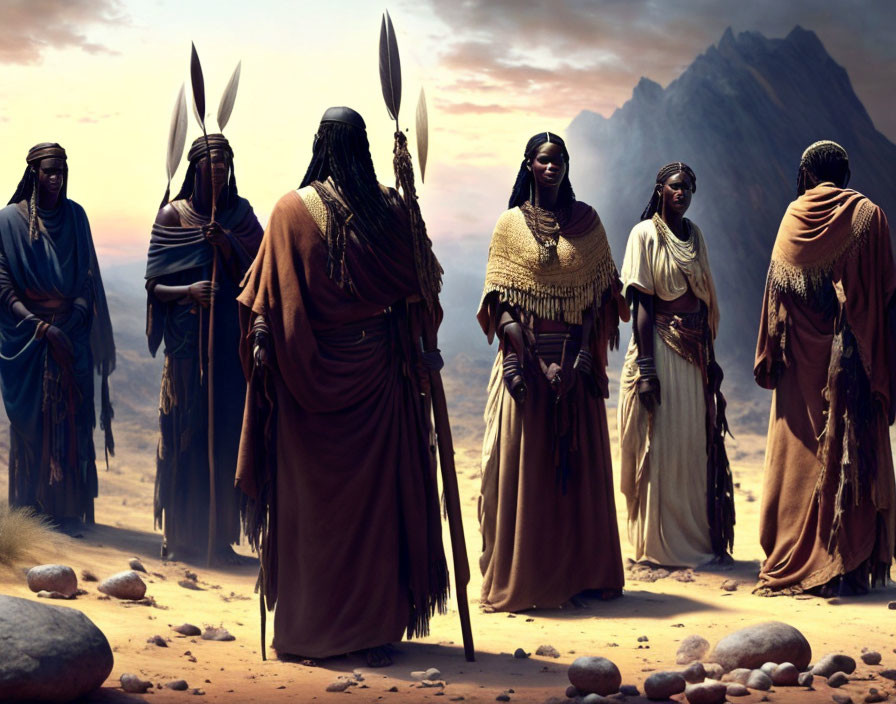 Group of individuals in desert with traditional robes and head coverings, mountain backdrop