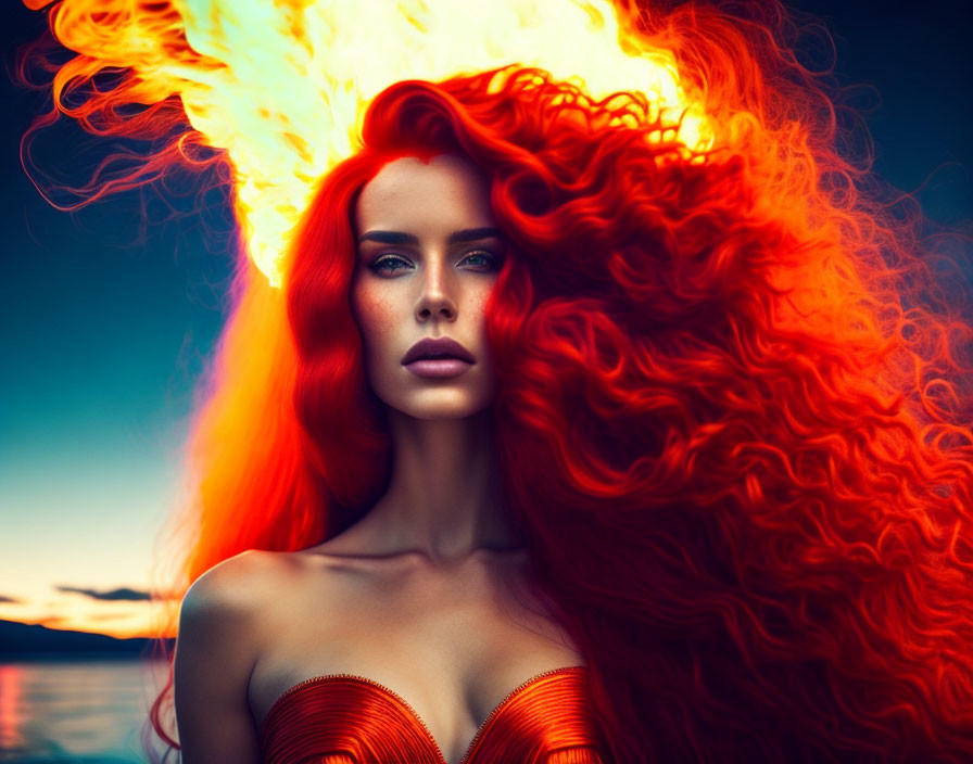 Vibrant red-haired woman against dusk sky