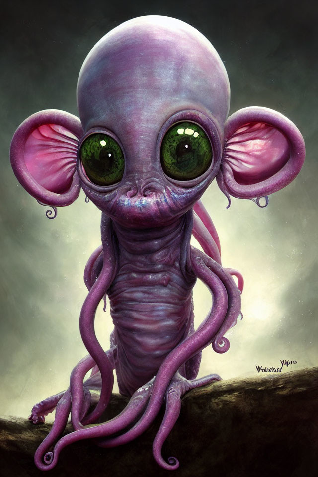 Purple Alien with Large Green Eyes and Oversized Ears Perched on Limb