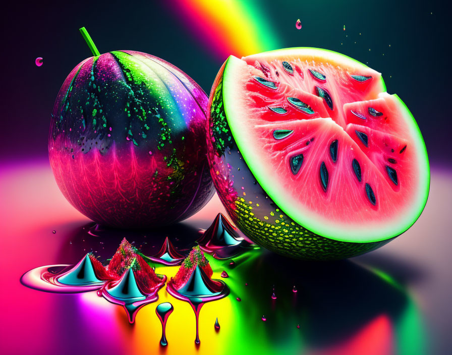 Colorful digital artwork: Sliced apple-watermelon hybrid with droplets on vibrant background