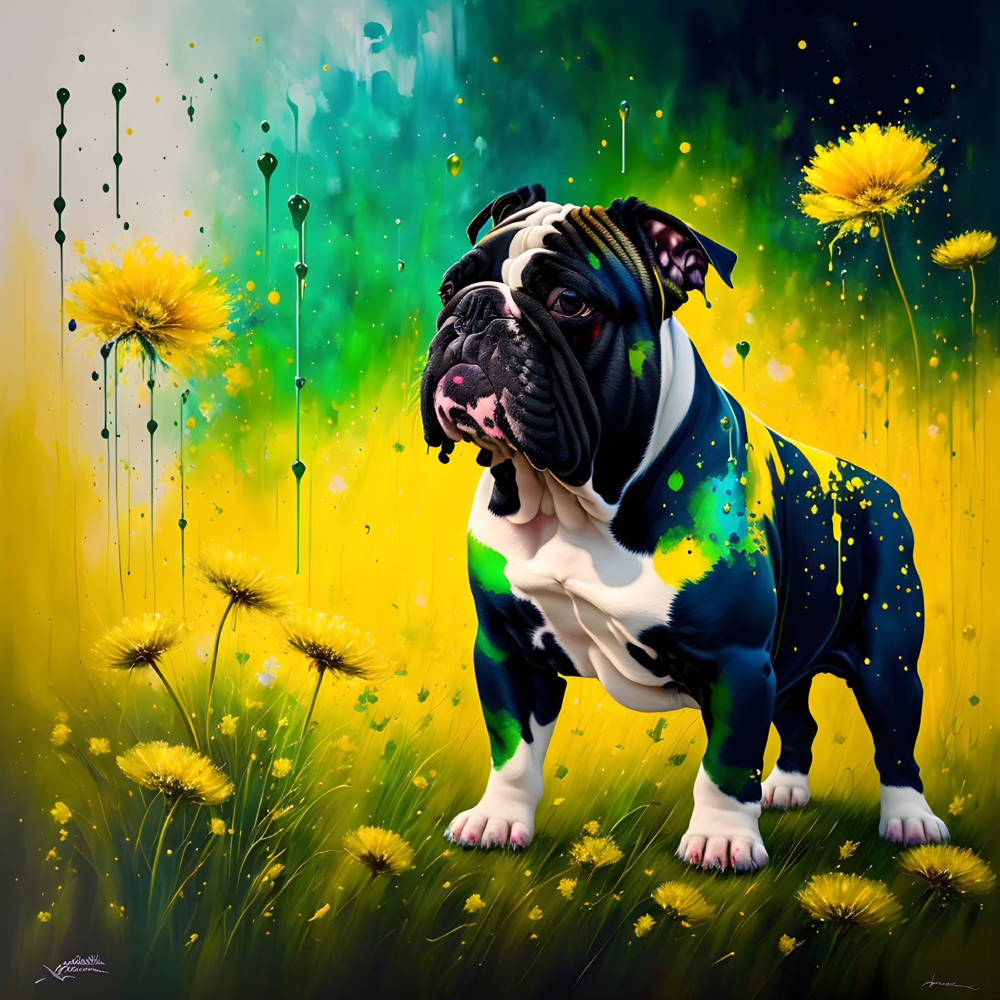 Abstract black and blue patterned bulldog in yellow dandelion field