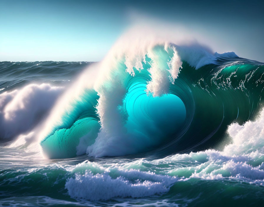 Majestic towering wave with turquoise hues in deep blue sea