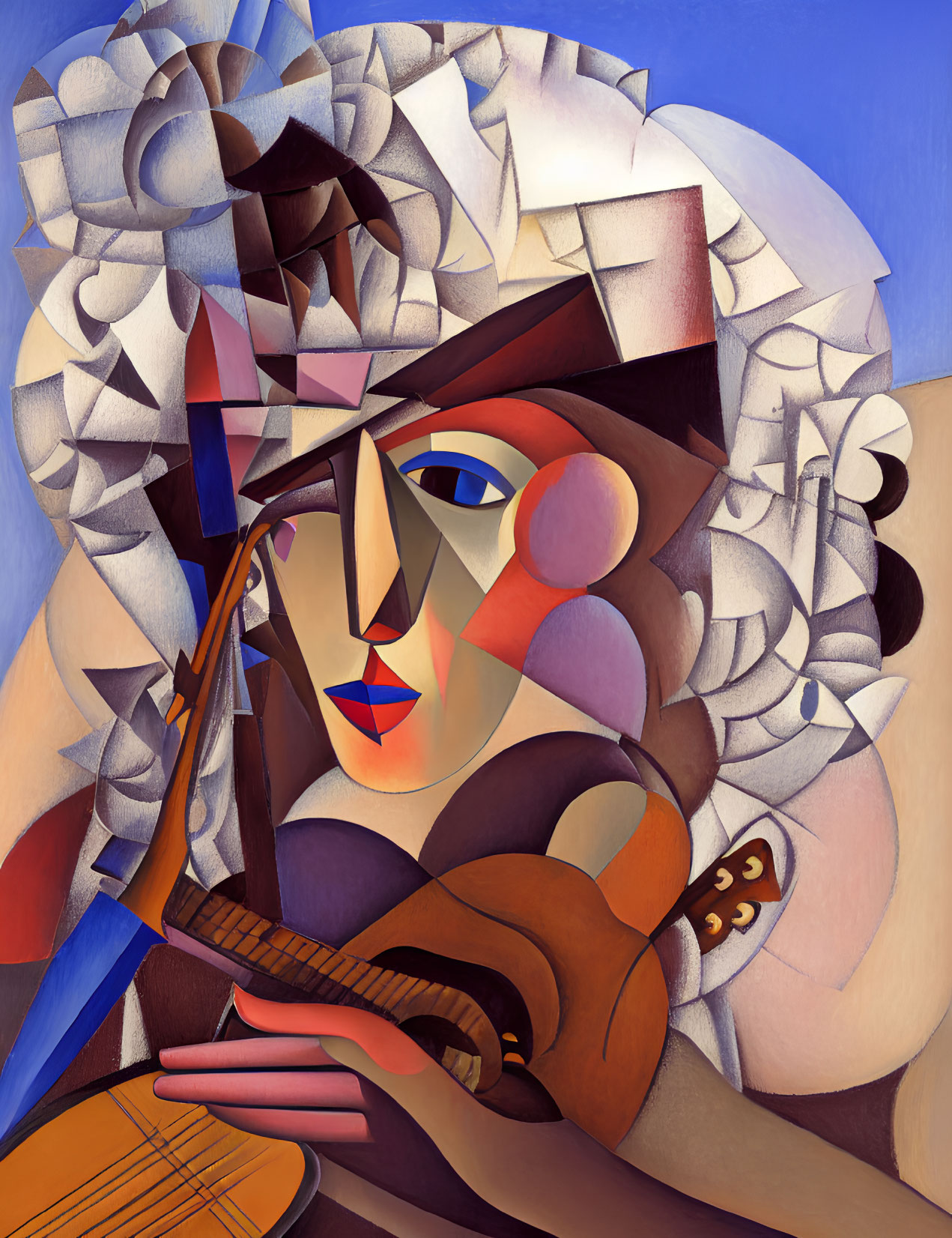 Cubist painting of figure with violin in blue, red, and brown palette