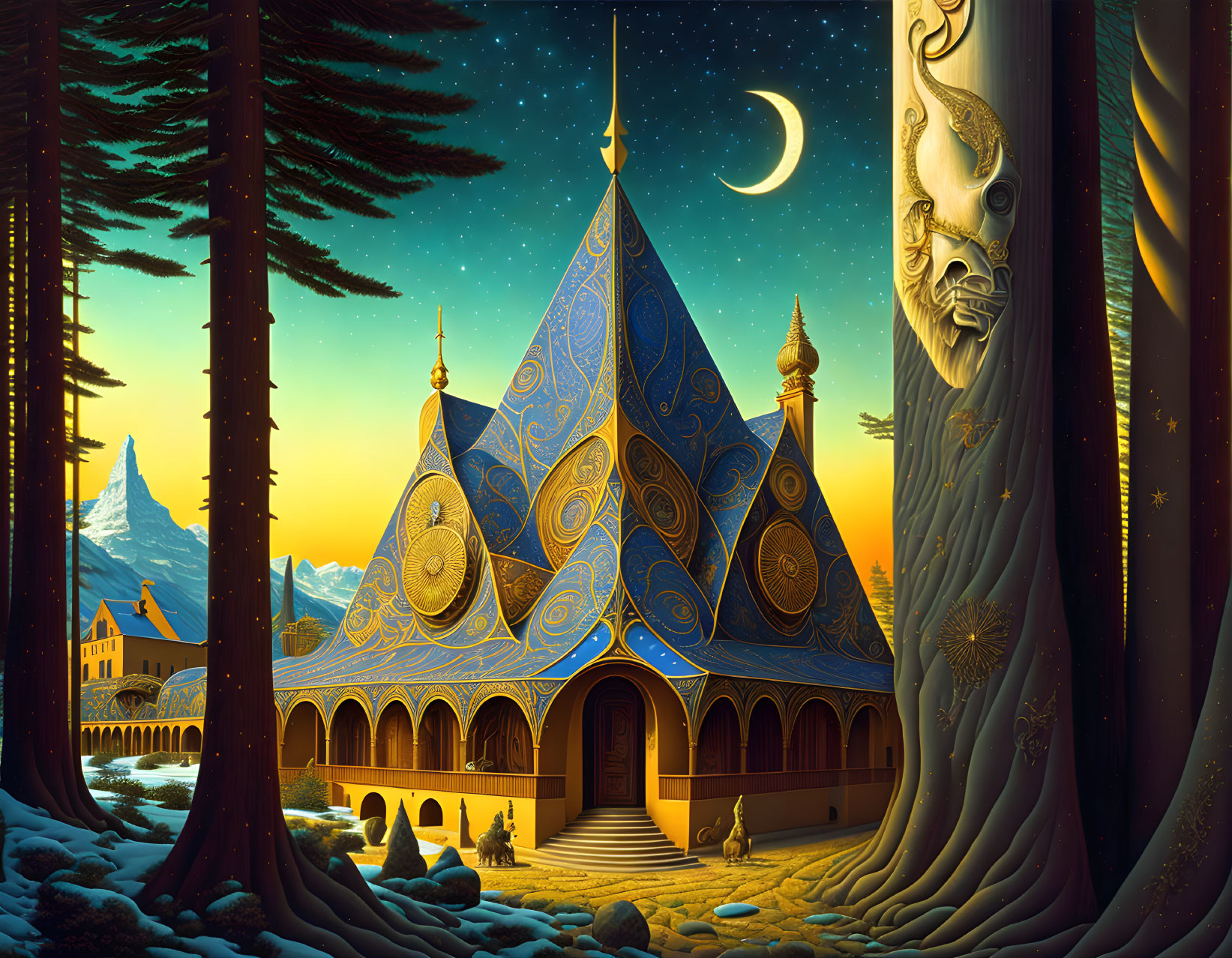 Ornate crescent-moon palace in fantasy landscape at night