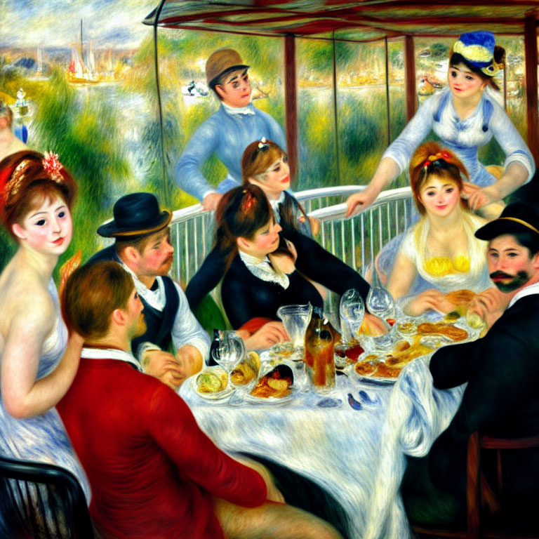 Elegantly dressed individuals having outdoor lunch by river