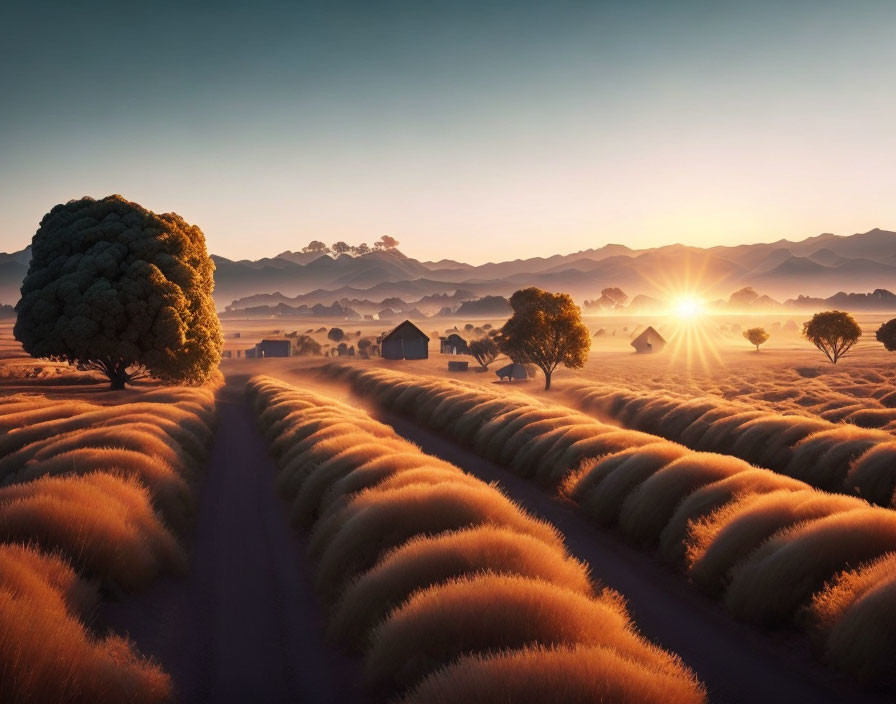 Scenic sunrise over rolling hills with crops, tree, and buildings