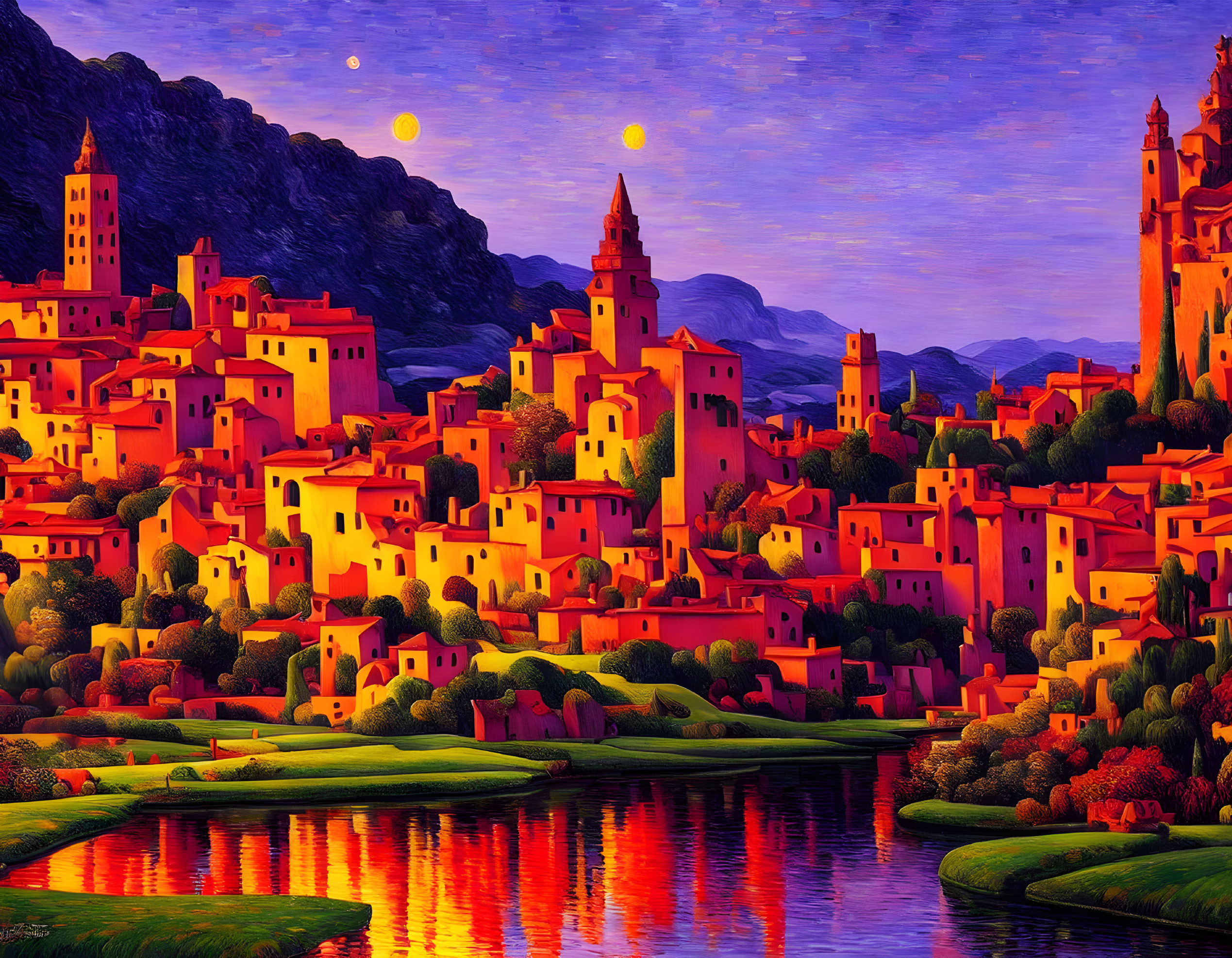 Colorful Town Painting with River, Greenery, Hills, and Two Moons