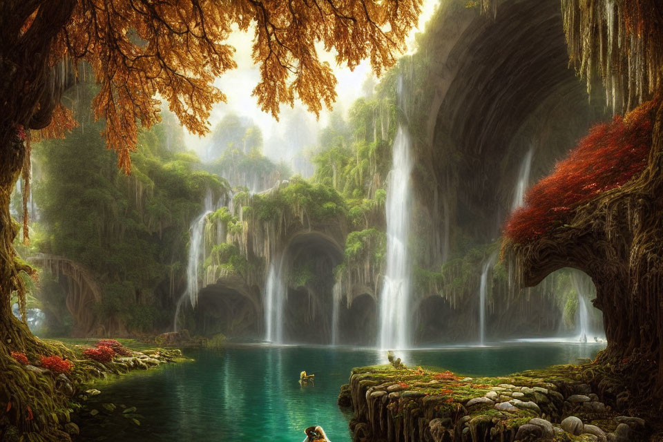 Serene forest landscape with waterfalls, lake, greenery, and cave