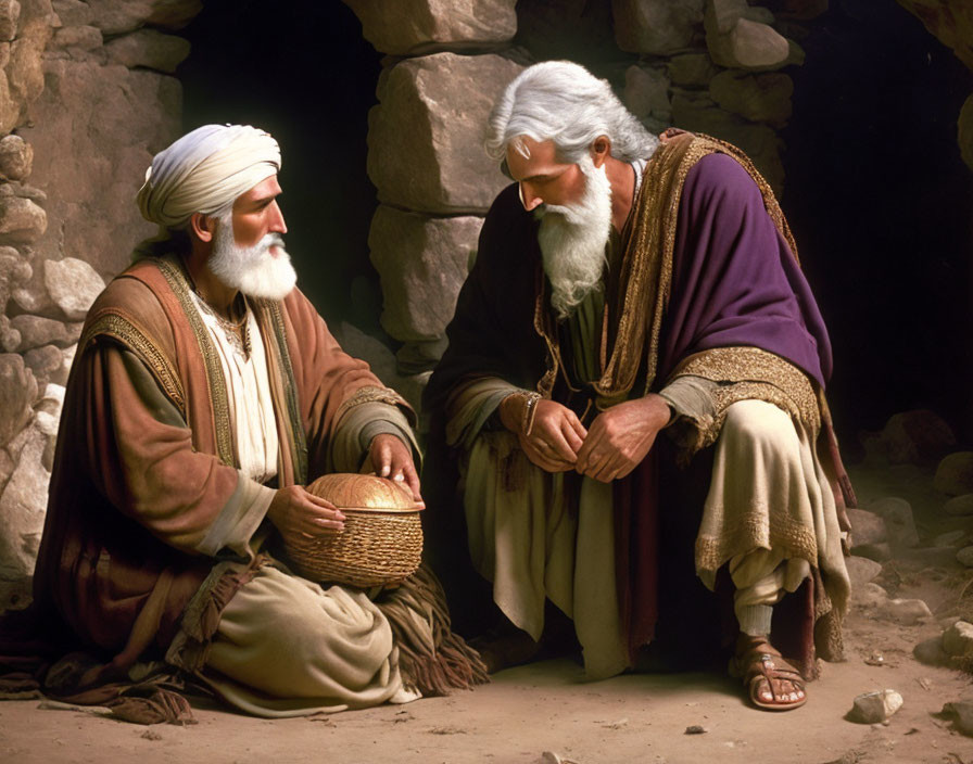 Two men in ancient robes with a basket in a biblical setting.