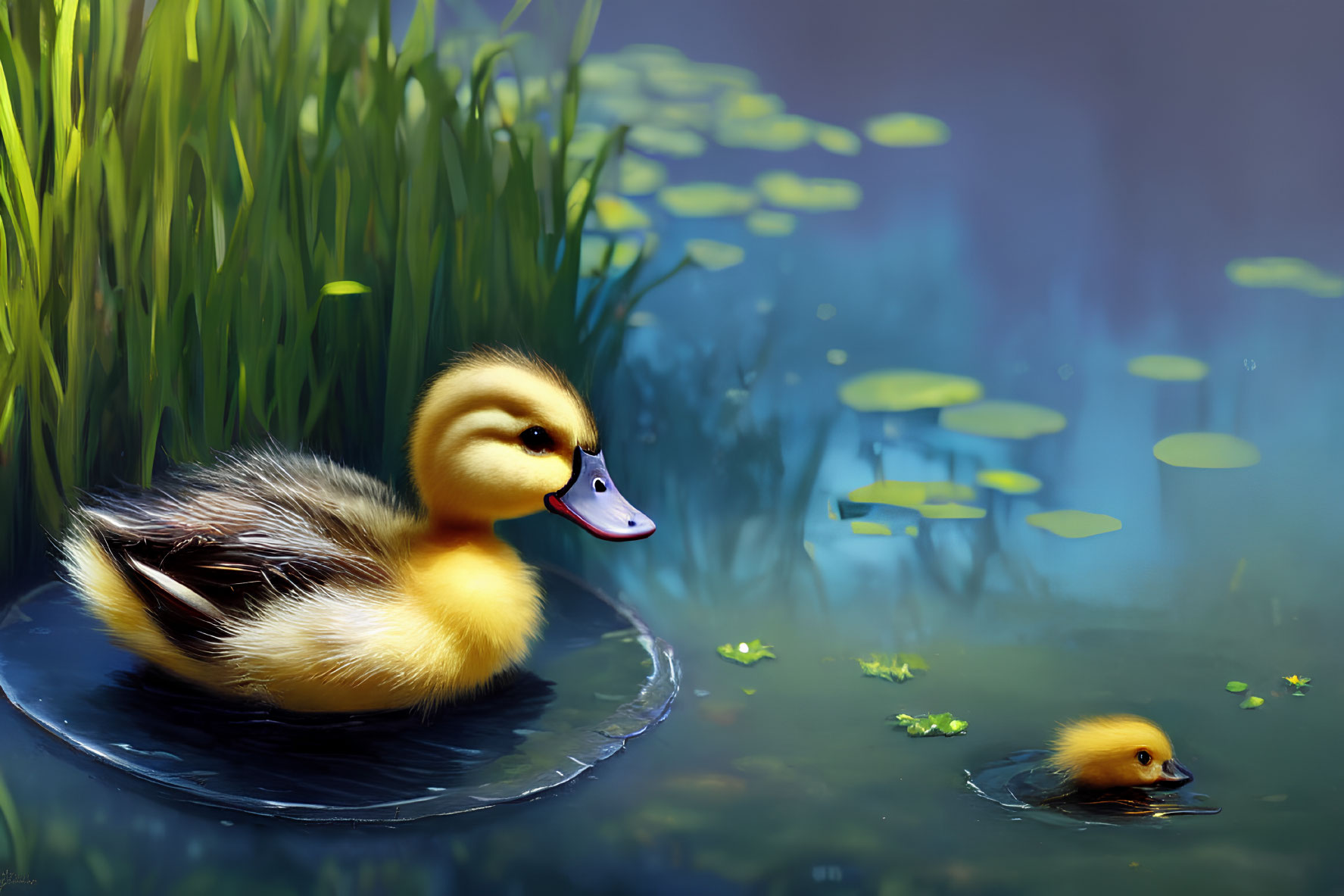 Fluffy ducklings on serene water with green reeds and lily pads