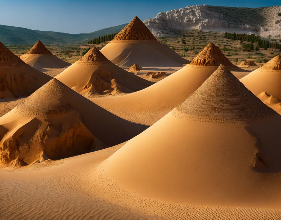 Textured Conical Sand Formations in Desert Landscape with Hills and Sparse Vegetation