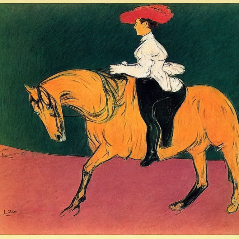 Colorful painting of person on horse in mid-trot with red hat and white top, set against