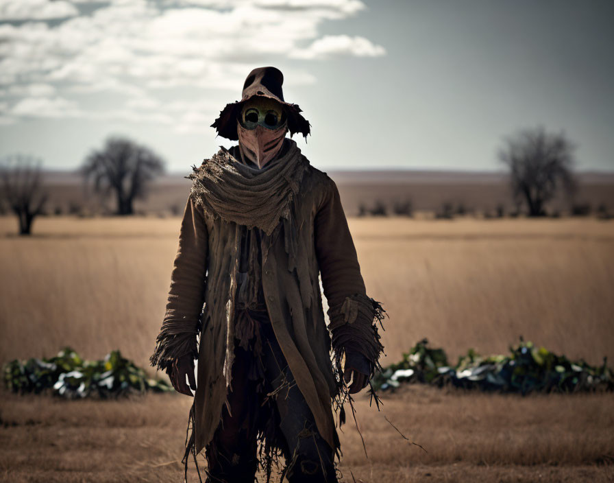 Post-apocalyptic figure in gas mask and wide-brimmed hat in barren field