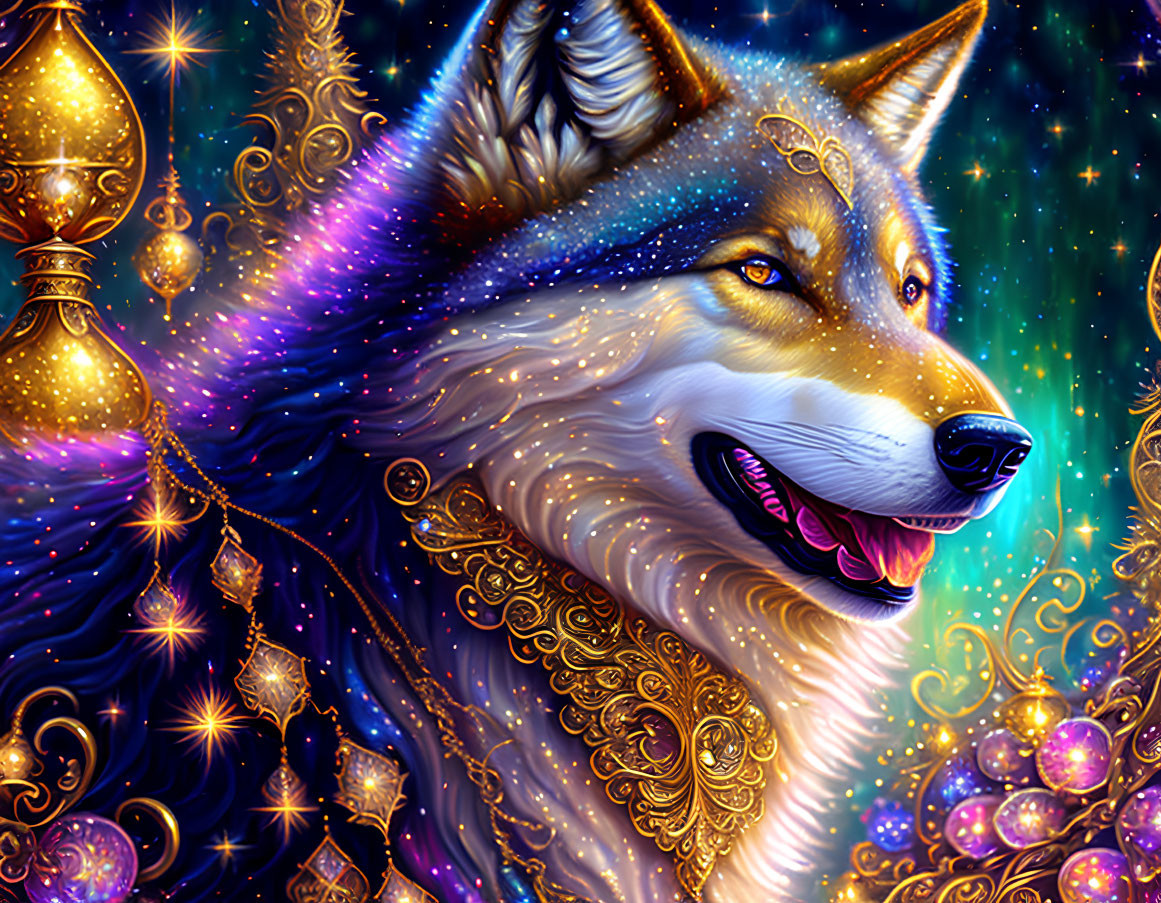 Fantastical wolf with golden embellishments under starry sky