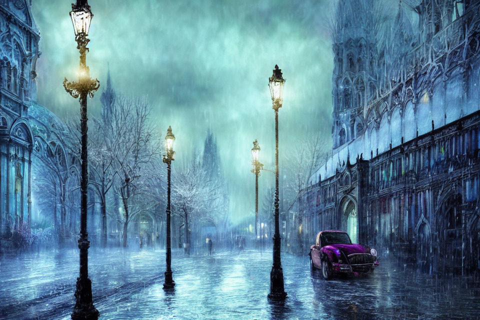 Purple vintage car on wet street with Gothic buildings and snowfall