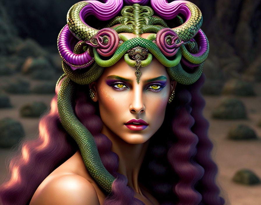 Digital Artwork: Woman with Medusa-Inspired Design and Purple Hair