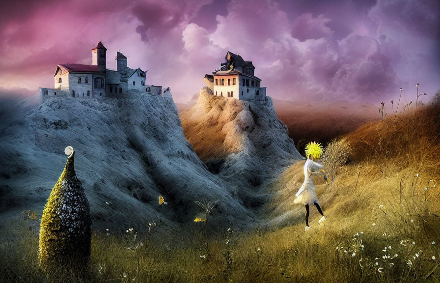 Whimsical landscape with girl, light wand, and whimsical houses