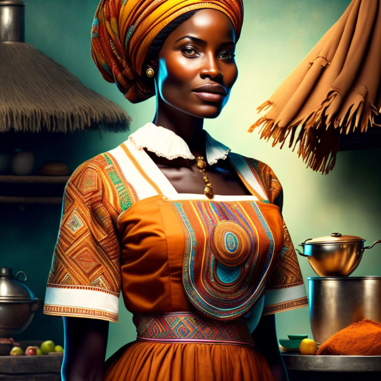 Traditional African attire woman with headwrap and jewelry in kitchen setting