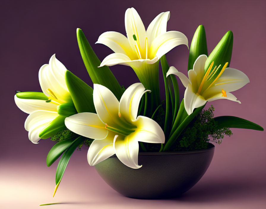 White and Yellow Lilies in Dark Bowl on Purple Background