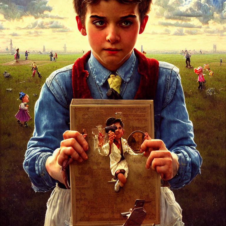 Boy holding open book with character stepping out, pastoral backdrop.