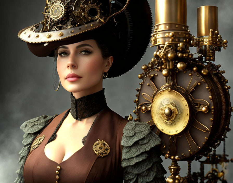 Steampunk-inspired woman with cogwheel hat and mechanical backdrop.