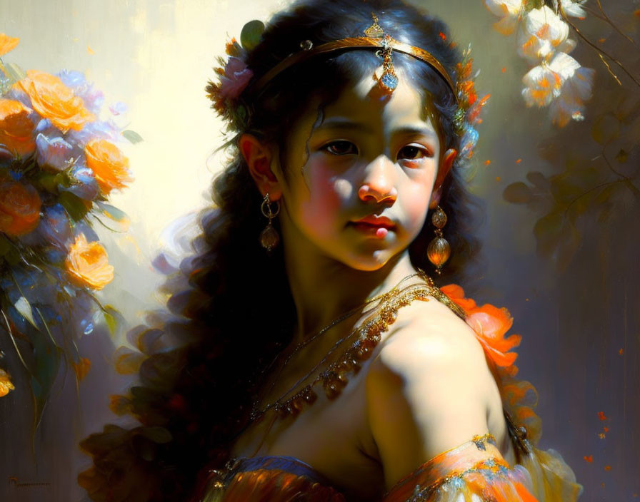 Young girl portrait with floral headpiece and golden-orange dress in soft light.