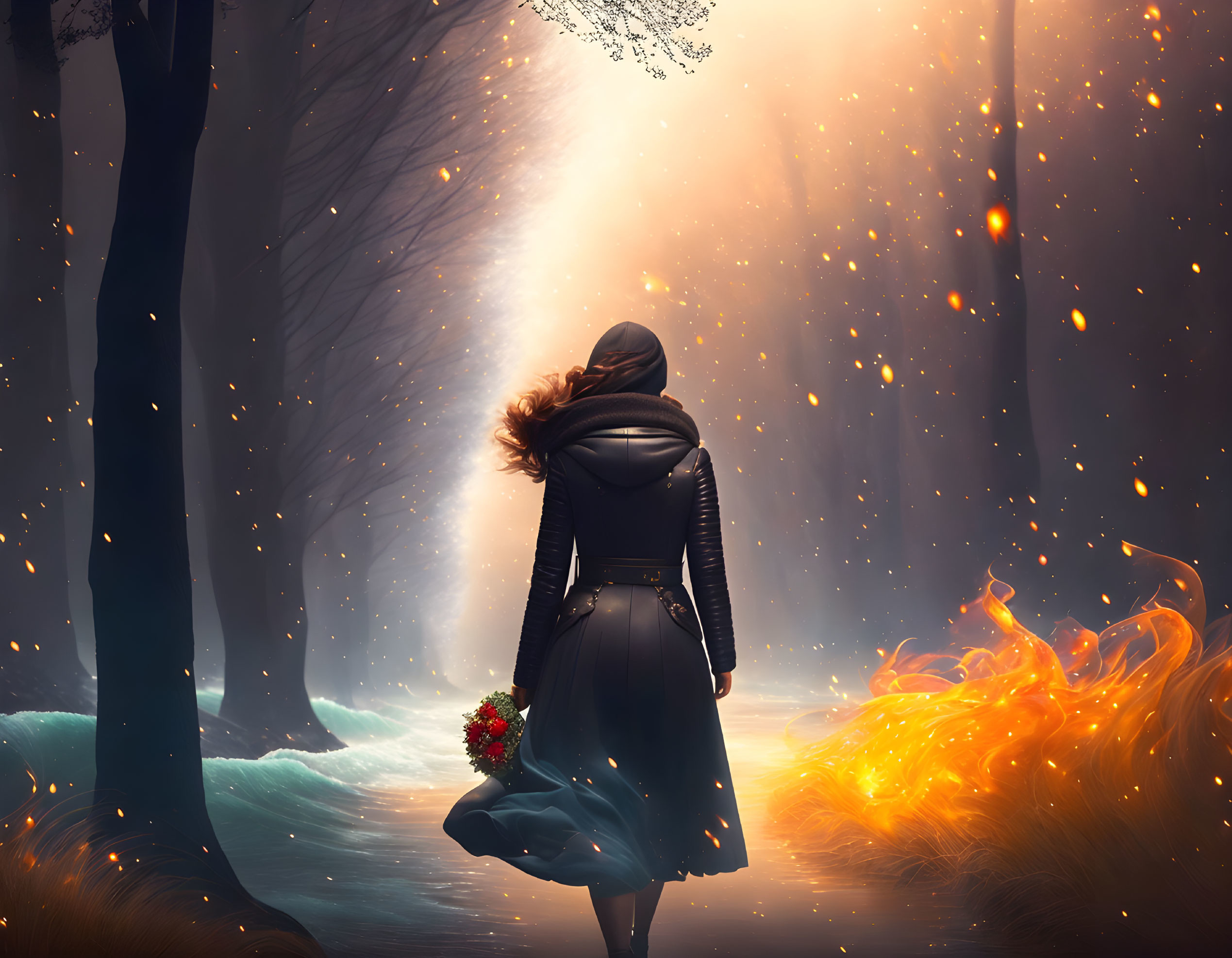 Person in Black Coat Holding Flowers Between Snow and Fire Worlds