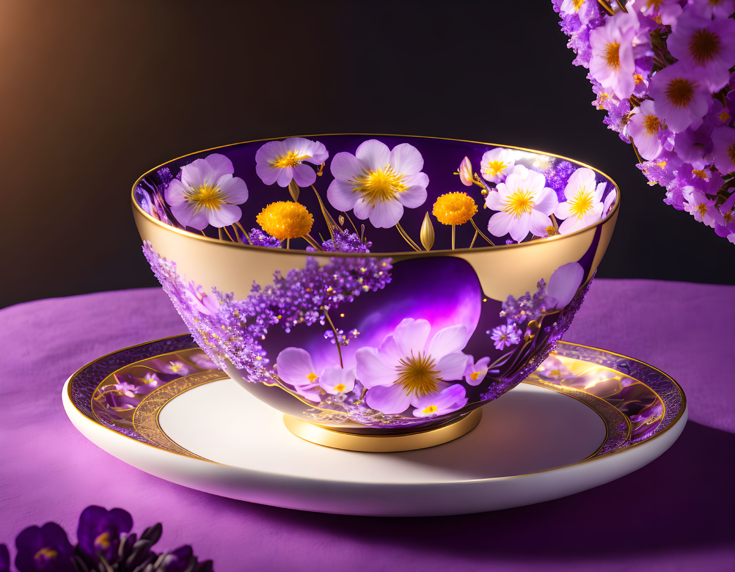 Golden Bowl with Painted Flowers on Floral Plate and Purple Background