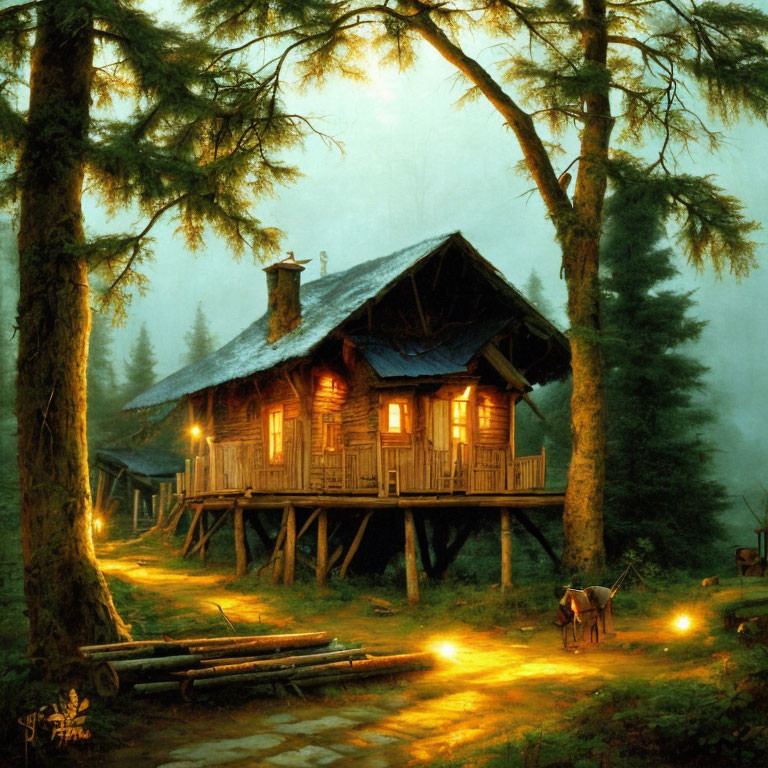 Serene forest cabin on stilts at dusk with soft lights and grazing horse