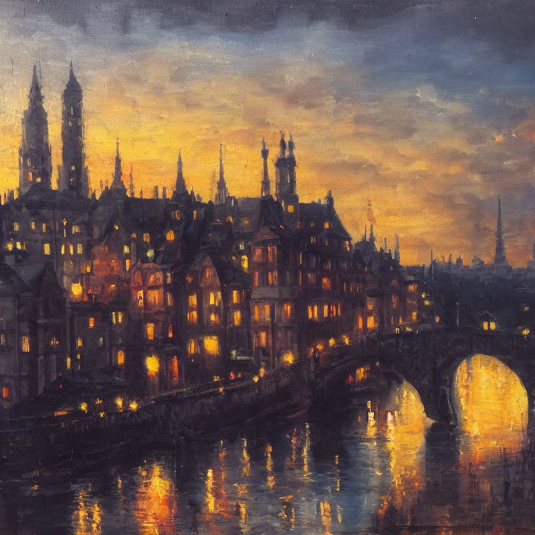 Twilight cityscape painting with illuminated buildings and river bridge