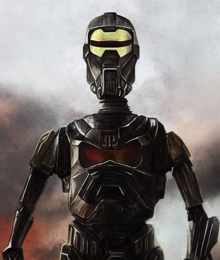 Sci-fi robotic figure in dark armored suit with glowing yellow visor